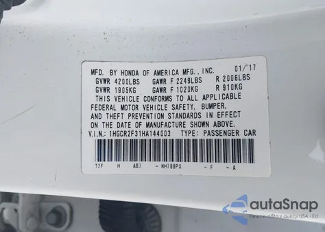 2017 Honda Accord Lx from USA, damaged, VIN 1HGCR2F31HA144003